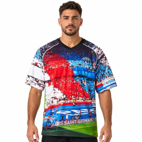 Jordan x PSG STMT top front view with Parc des Princes crowd photo print and Jumpman crest
