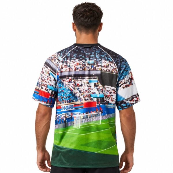 Jordan x PSG STMT top back view with stadium stands goal and green pitch print