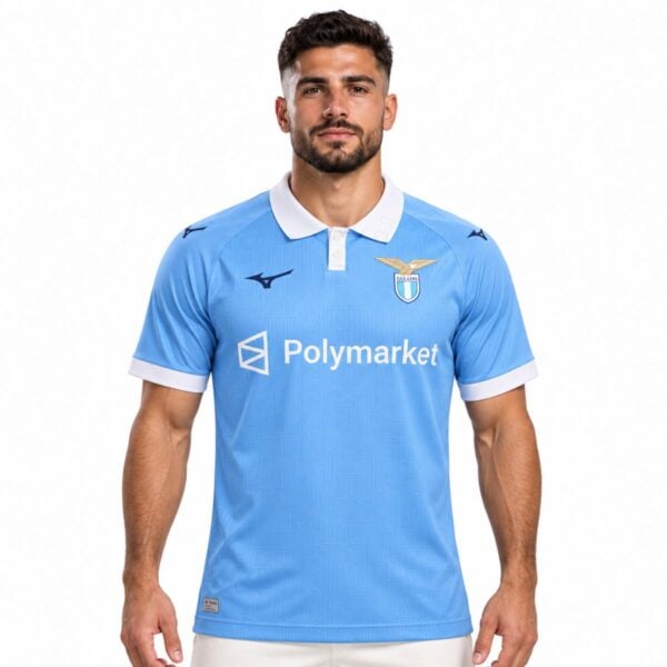 Lazio home jersey 2026 2027 celeste sky blue front view with white polo collar and gold eagle crest