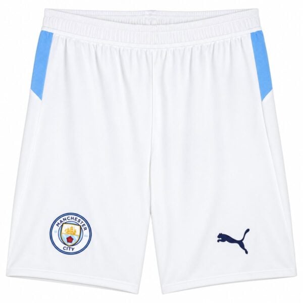 Manchester City Home Shorts 2025/26 front white with sky blue hip panels club crest and PUMA logo