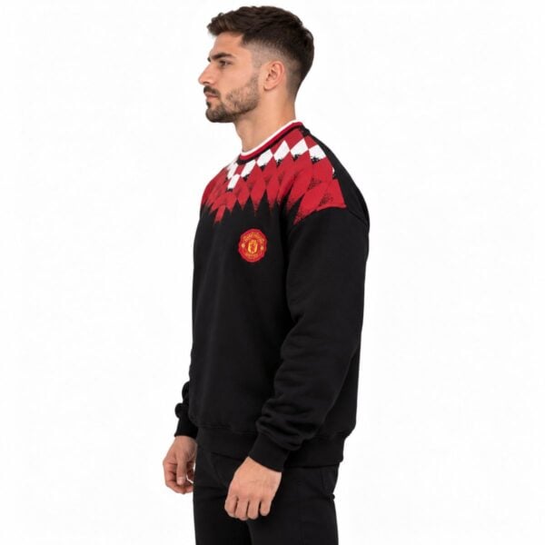 Manchester United argyle sweatshirt side view showing crest and halftone dot fade
