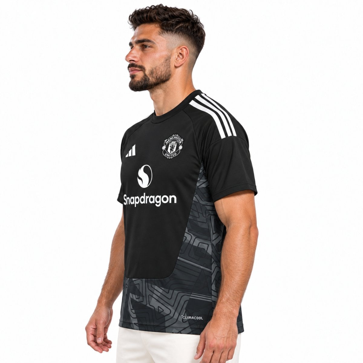 Manchester United goalkeeper jersey side view showing white shoulder stripes and grey geometric print - UAE SPORT STORE Manchester United goalkeeper jersey side view showing white shoulder stripes and grey geometric print