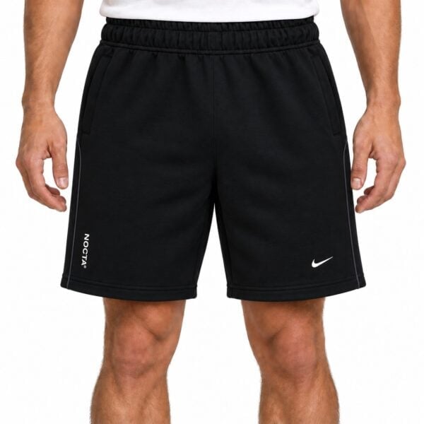 nike-nocta-shorts-black-1 - UAE SPORT STORE Black Nike sports shorts with white logo and side stripes for men.