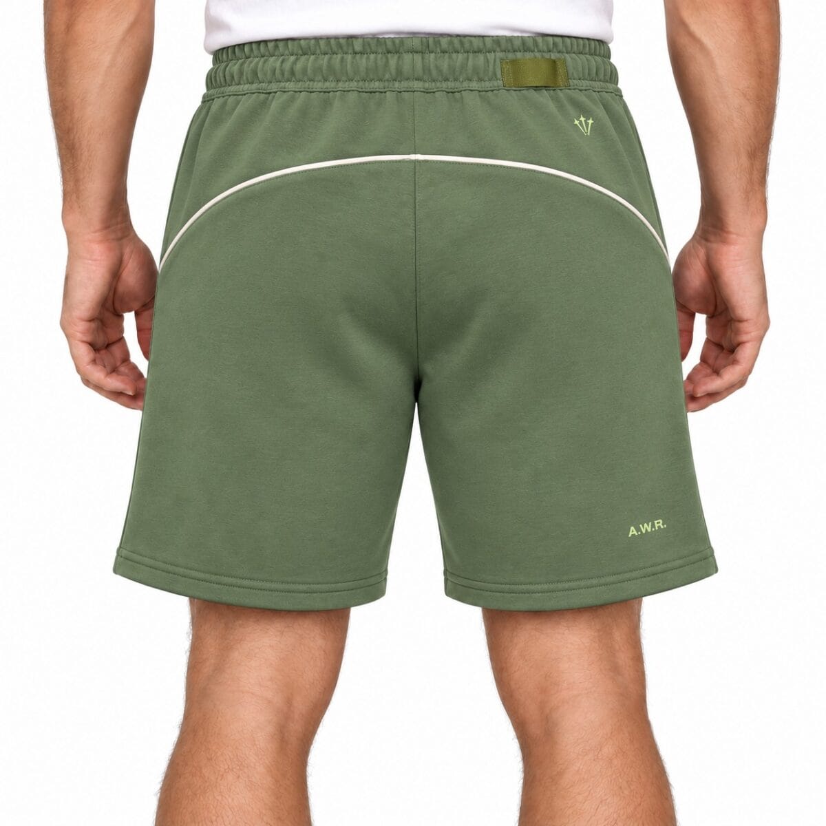 Green sports shorts with white piping and A.W.R. logo on the front.