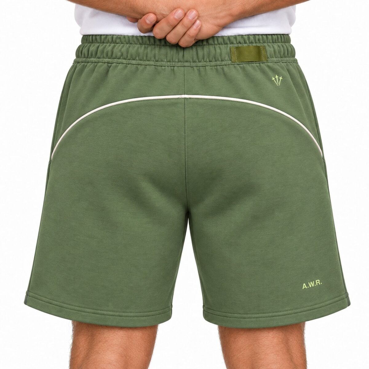 Green sports shorts with white piping and A.W.R. logo.