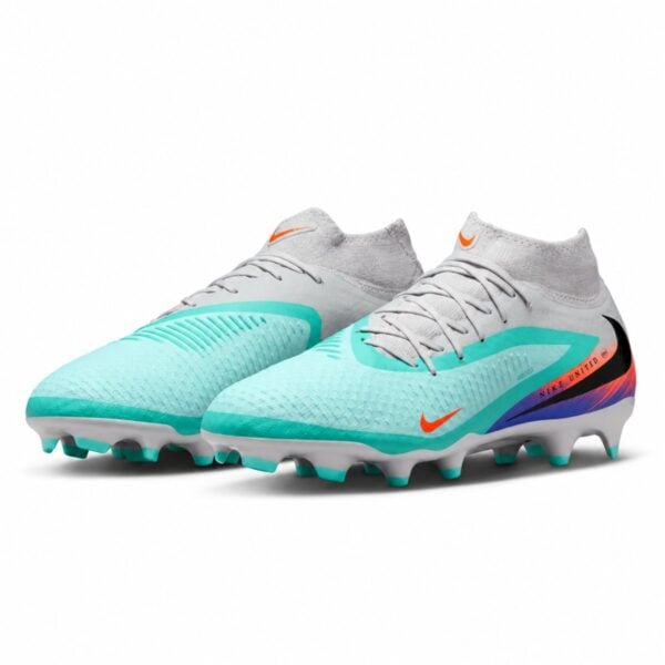 Nike Phantom 6 High Academy FG Nike United football boots pair angled view turquoise grey and crimson - UAE SPORT STORE Nike Phantom 6 High Academy FG Nike United football boots pair angled view turquoise grey and crimson