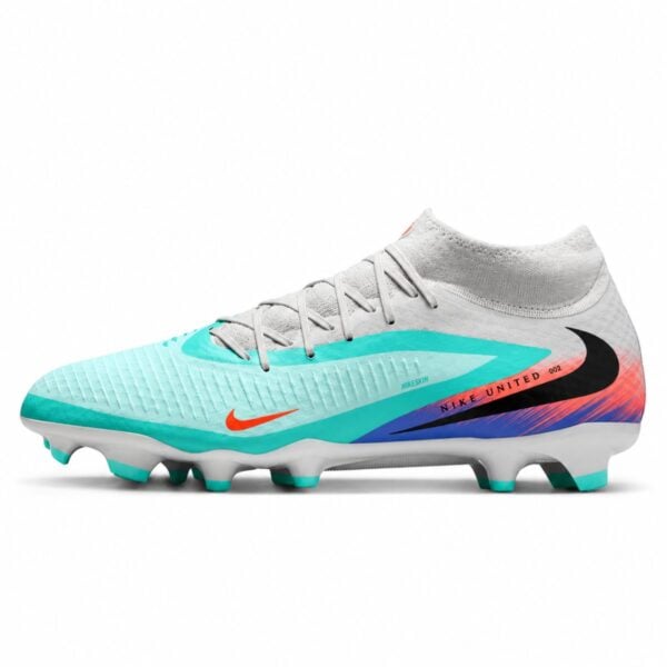 Nike Phantom 6 High Academy FG boot lateral side view with NIKESKIN upper and Nike United graphic