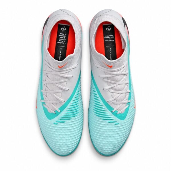 Nike Phantom 6 High Academy FG boots top view showing asymmetrical lacing and knit collar