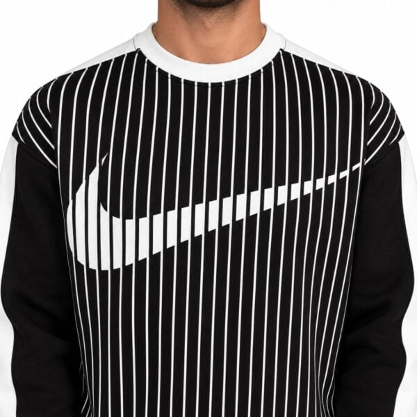 Nike pinstripe sweatshirt close-up of the white ribbed collar and oversized swoosh cut from the pinstripes