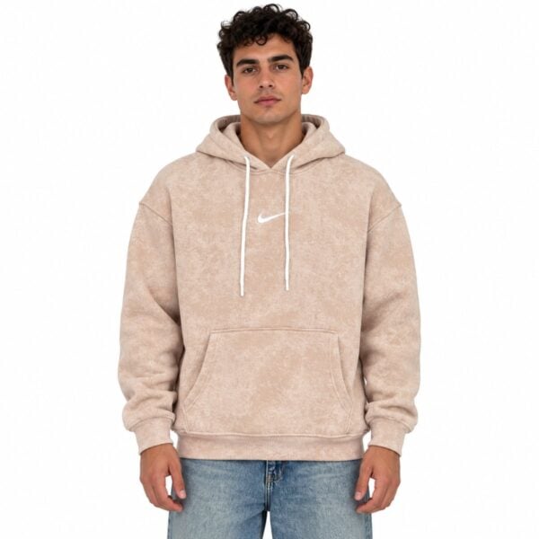 Nike Sportswear washed fleece hoodie sand beige front view with centre white swoosh and kangaroo pocket - UAE SPORT STORE Nike Sportswear washed fleece hoodie sand beige front view with centre white swoosh and kangaroo pocket