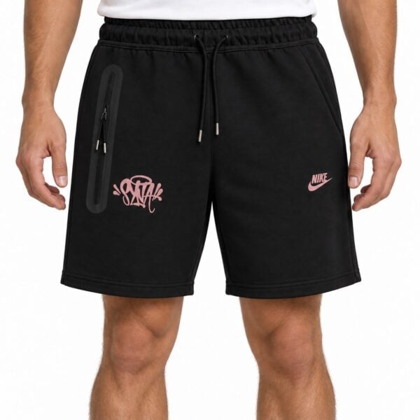 nike-syna-shorts-black-1 - UAE SPORT STORE Black Nike sports shorts with pink logo and zip pocket for men.