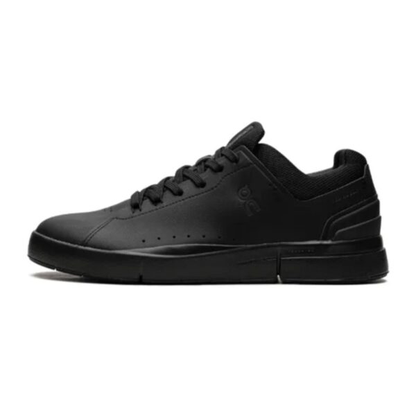 On The Roger Advantage all black leather sneaker side view with CloudTec sole - UAE SPORT STORE On The Roger Advantage all black leather sneaker outer side view with CloudTec sole