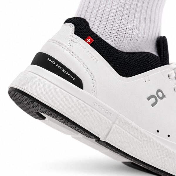 On The Roger Advantage white and black heel close-up showing SWISS ENGINEERING and the CloudTec midsole