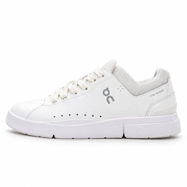 On The Roger Advantage all white leather sneaker side view with grey ON logo - UAE SPORT STORE On The Roger Advantage all white leather sneaker outer side view with grey ON logo