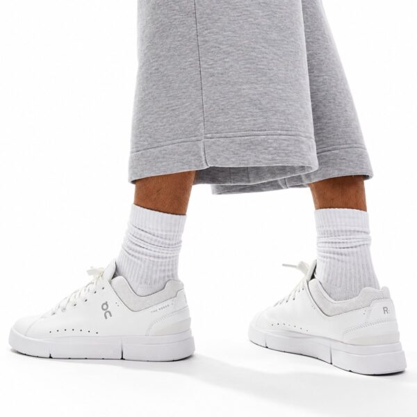 On The Roger Advantage all white sneakers worn on feet with white socks