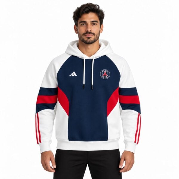 Paris Saint-Germain curved panel hoodie navy white and red front view with embroidered PSG crest - UAE SPORT STORE Paris Saint-Germain curved panel hoodie navy white and red front view with embroidered PSG crest