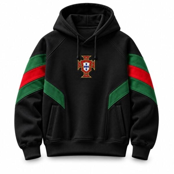 Portugal colour block hoodie black front view with embroidered crest - UAE SPORT STORE Portugal colour block hoodie black front view with embroidered crest