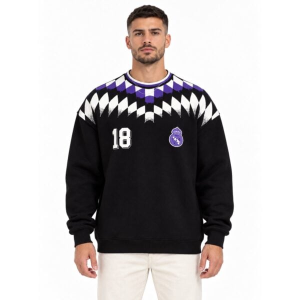 Real Madrid argyle crewneck sweatshirt black front view with purple white diamond yoke and number 18 - UAE SPORT STORE Real Madrid argyle crewneck sweatshirt black front view with purple white diamond yoke and number 18
