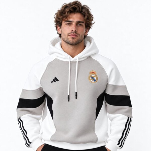 Real Madrid colour block hoodie grey white front view - UAE SPORT STORE Real Madrid colour block hoodie grey white front view