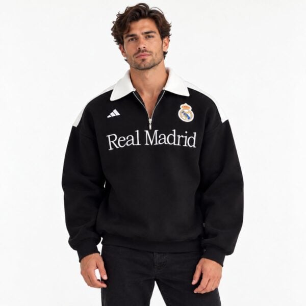 Real Madrid quarter zip polo sweatshirt black front view - UAE SPORT STORE Real Madrid quarter zip polo sweatshirt black front view