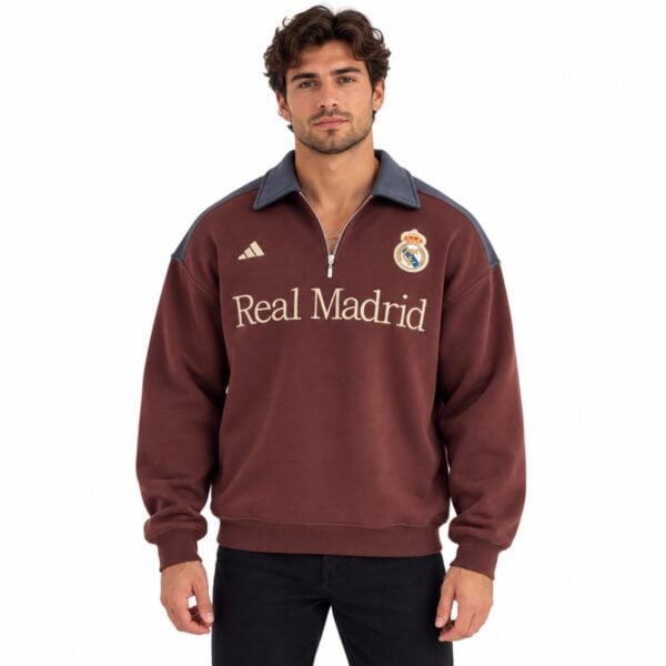 Real Madrid quarter zip polo sweatshirt burgundy front view - UAE SPORT STORE Real Madrid quarter zip polo sweatshirt burgundy front view