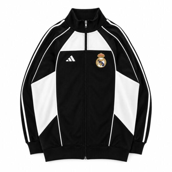 Real Madrid track jacket black white front view - UAE SPORT STORE Real Madrid track jacket black white front view