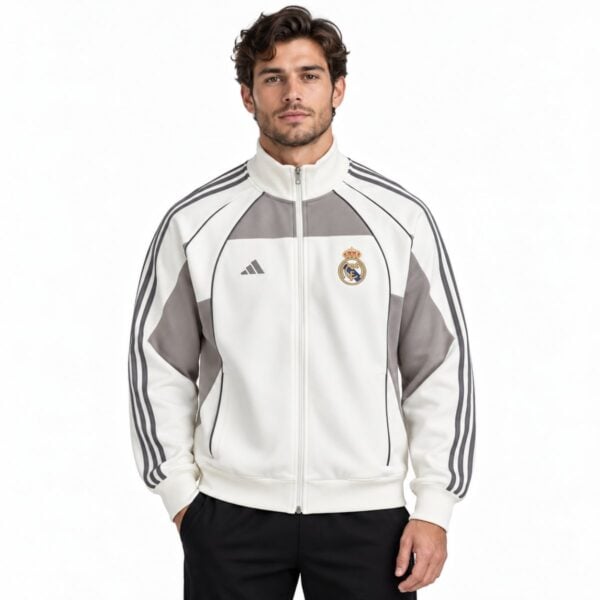 Real Madrid track jacket white grey front view - UAE SPORT STORE Real Madrid track jacket white grey front view
