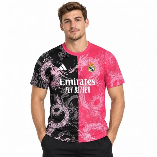 Real Madrid football jersey with black and pink dragon design, season 2023.