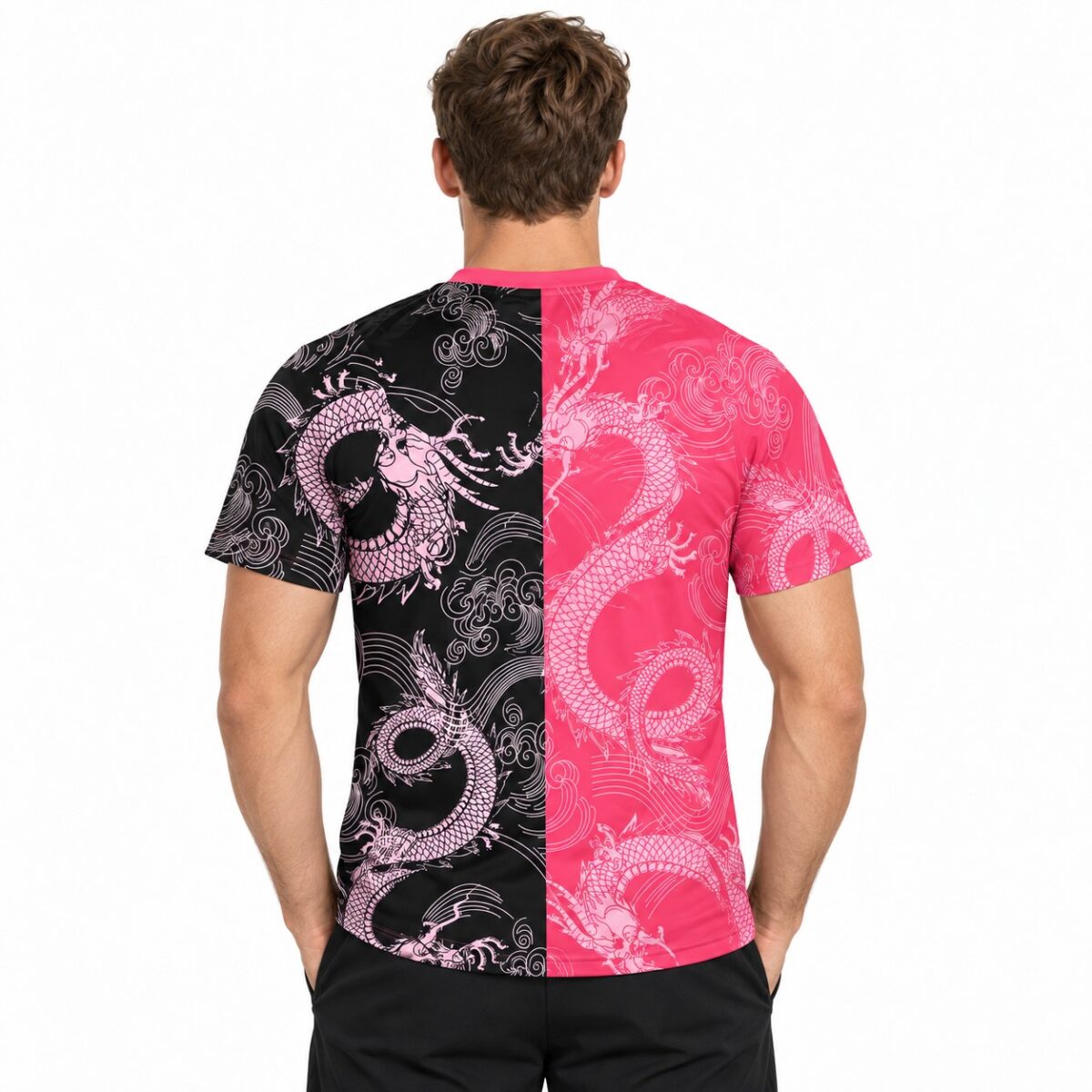 Split design T-shirt with black and pink dragon patterns for UAE sports store.
