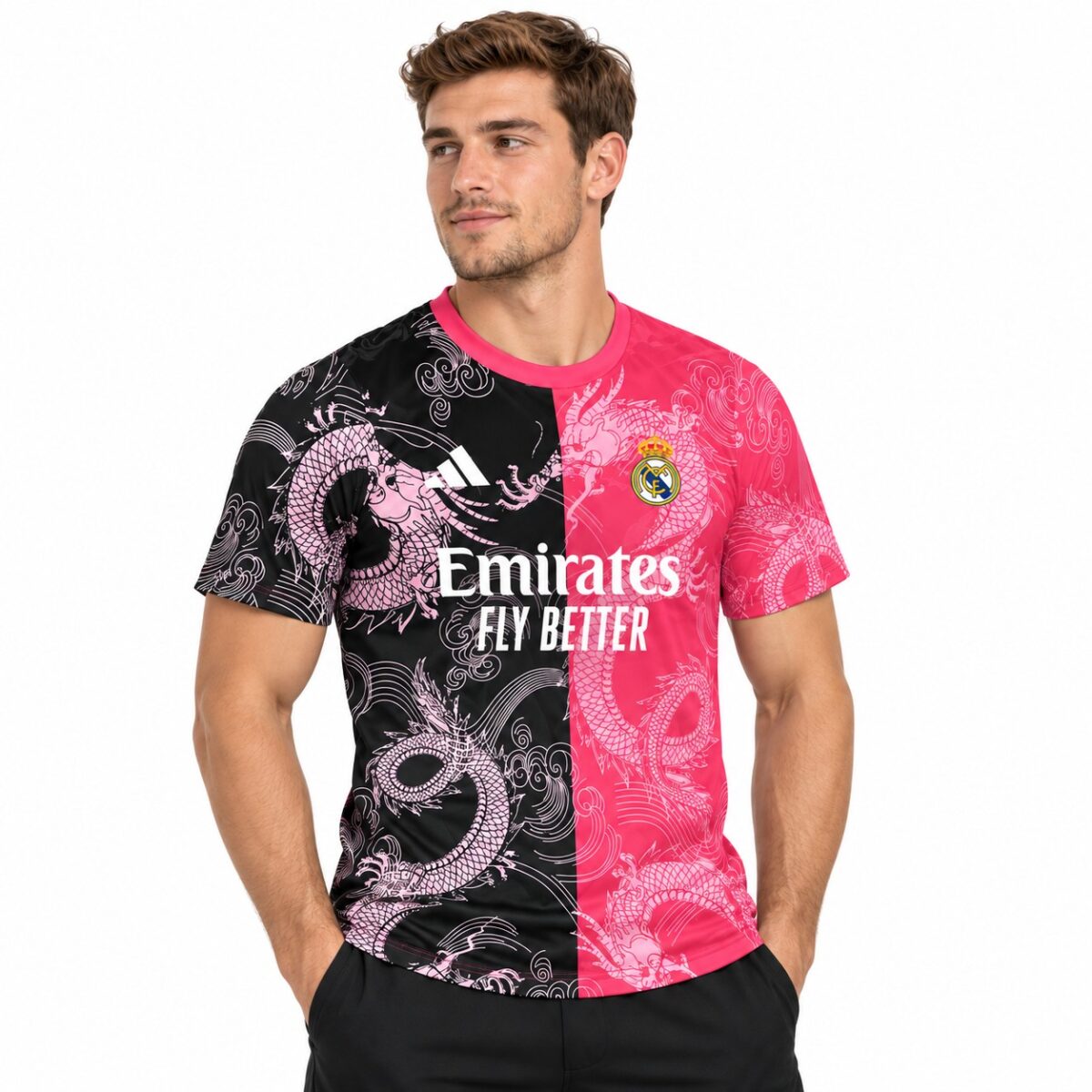 Real Madrid football jersey with dragon design, pink and black colors, sponsor logo.