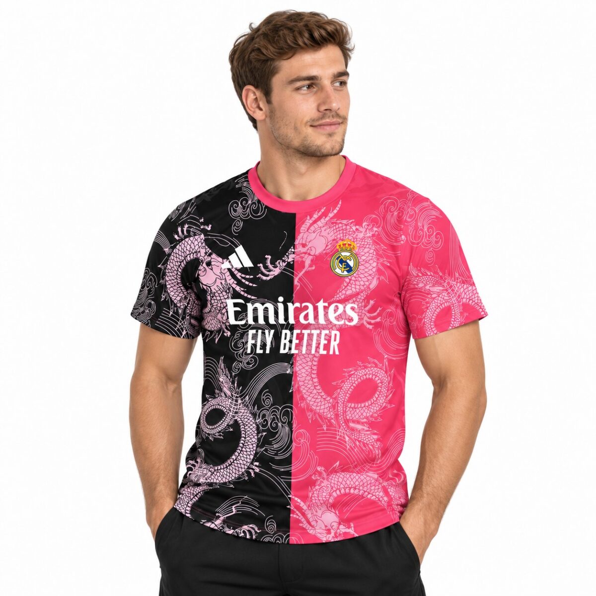 Real Madrid 2023/24 home kit with pink and black dragon design.