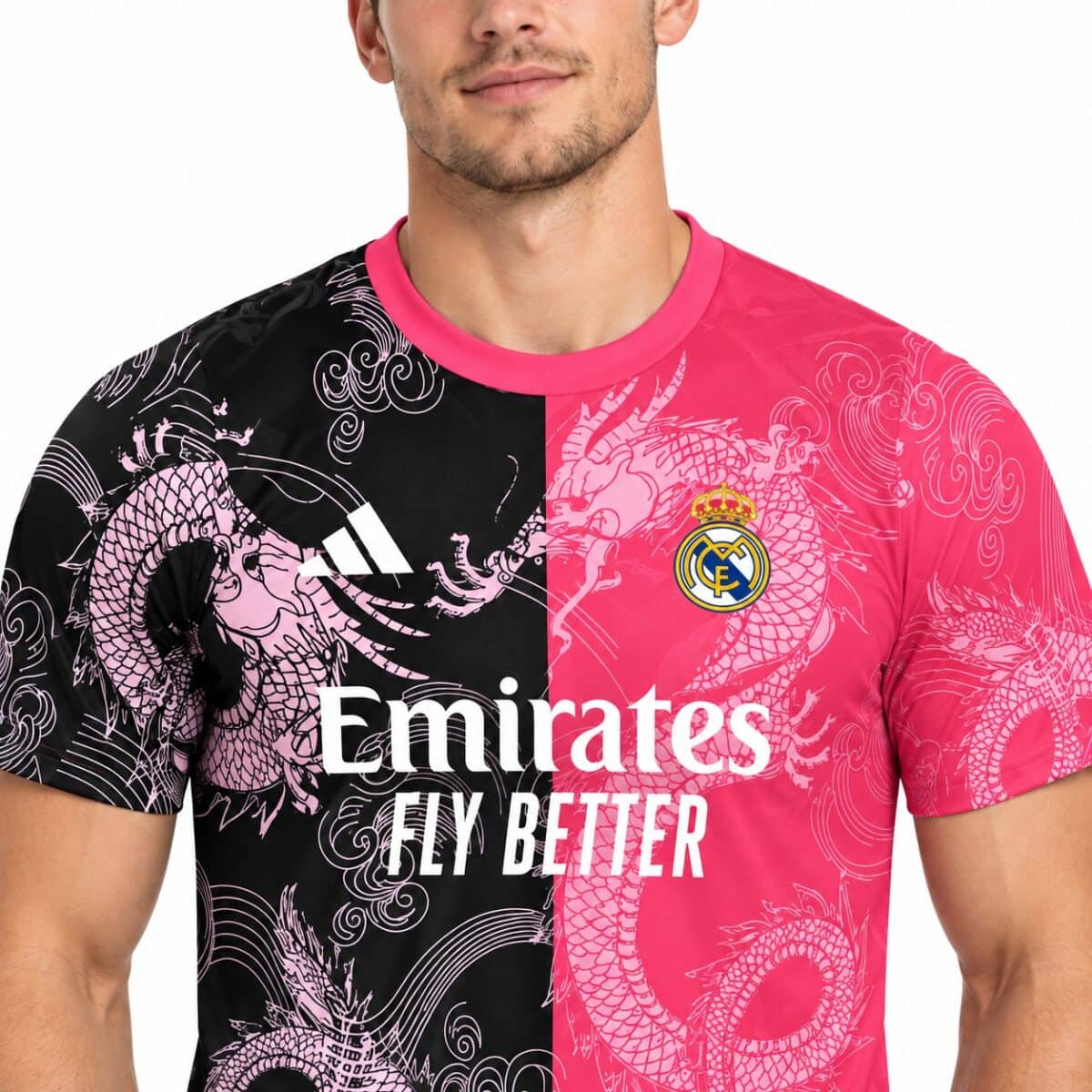 Real Madrid 2023 home football jersey with black and pink dragon design.