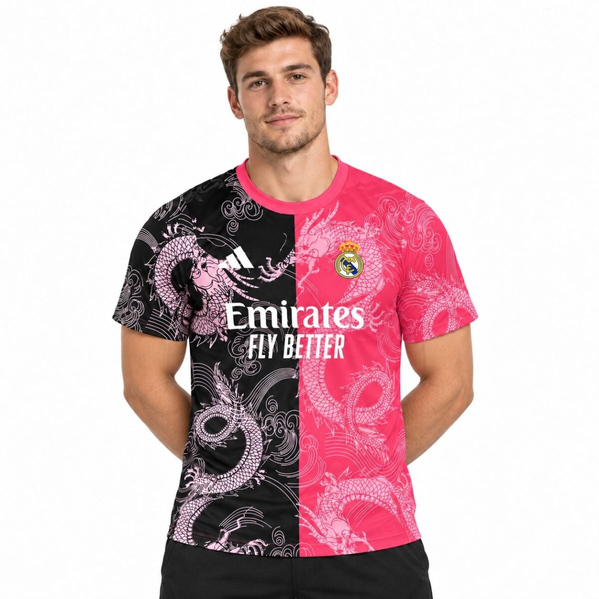 Real Madrid football jersey, home kit, pink and black, season 2023-24.