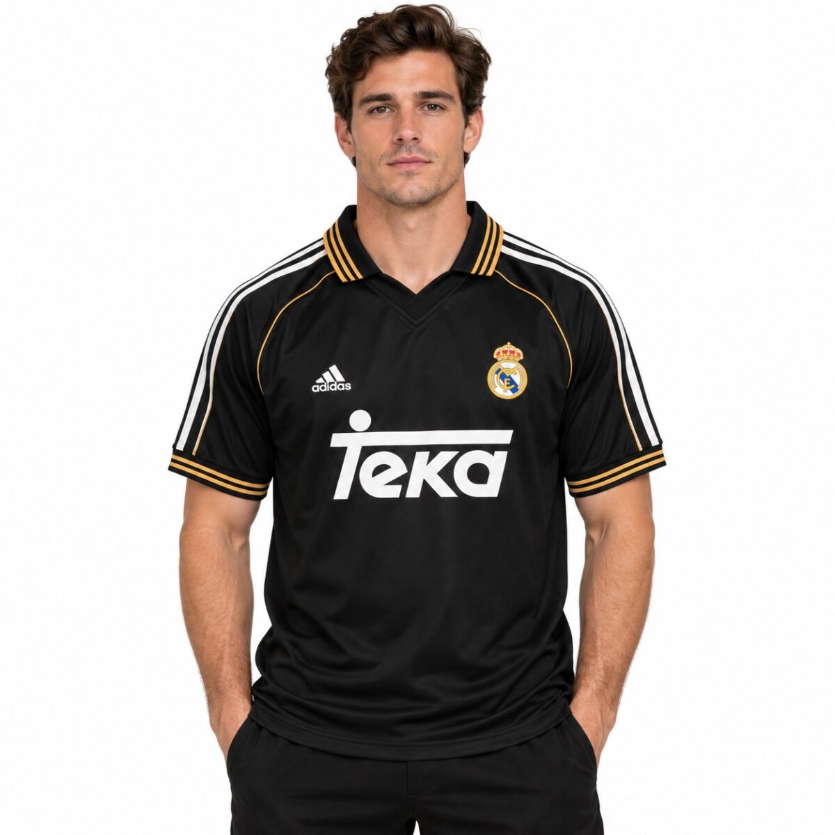 Real Madrid black away jersey with gold accents, season 2023-24, Adidas logo.