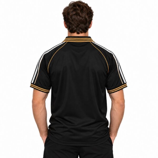 Black sports jersey with white and yellow stripes on shoulders and sleeves.