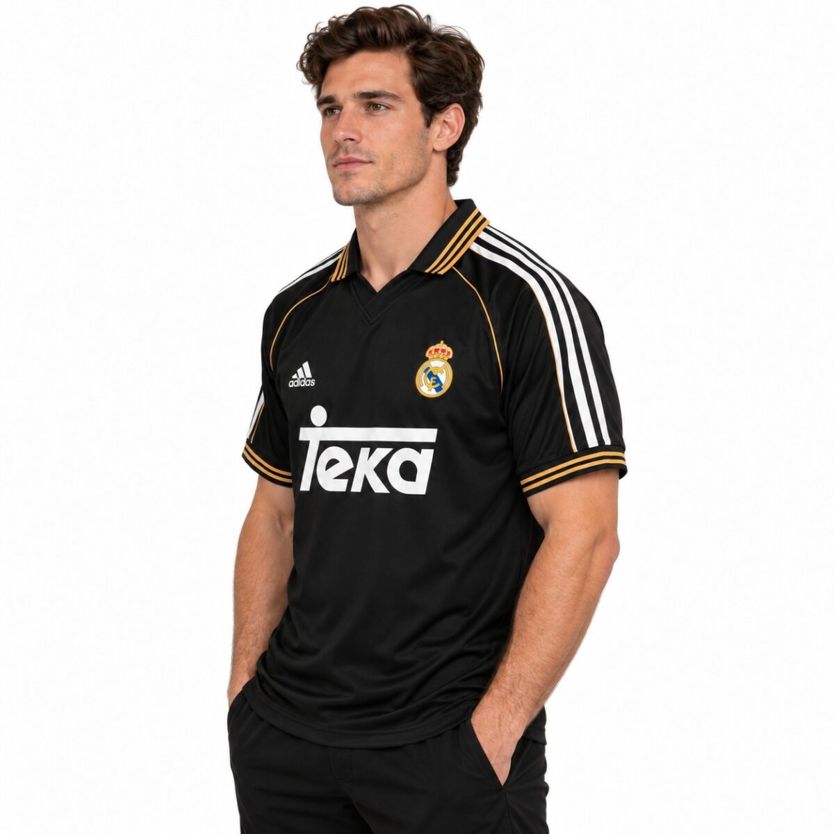 Real Madrid black away kit jersey with white and gold accents, season 2023.