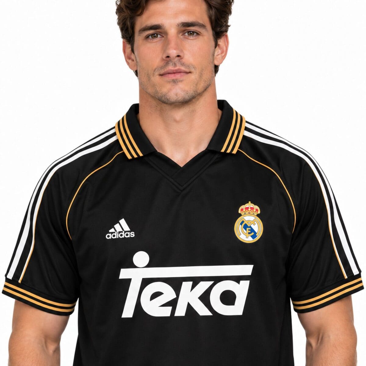 Real Madrid away kit jersey with black and gold colors, Adidas logo, and Teka sponsor.