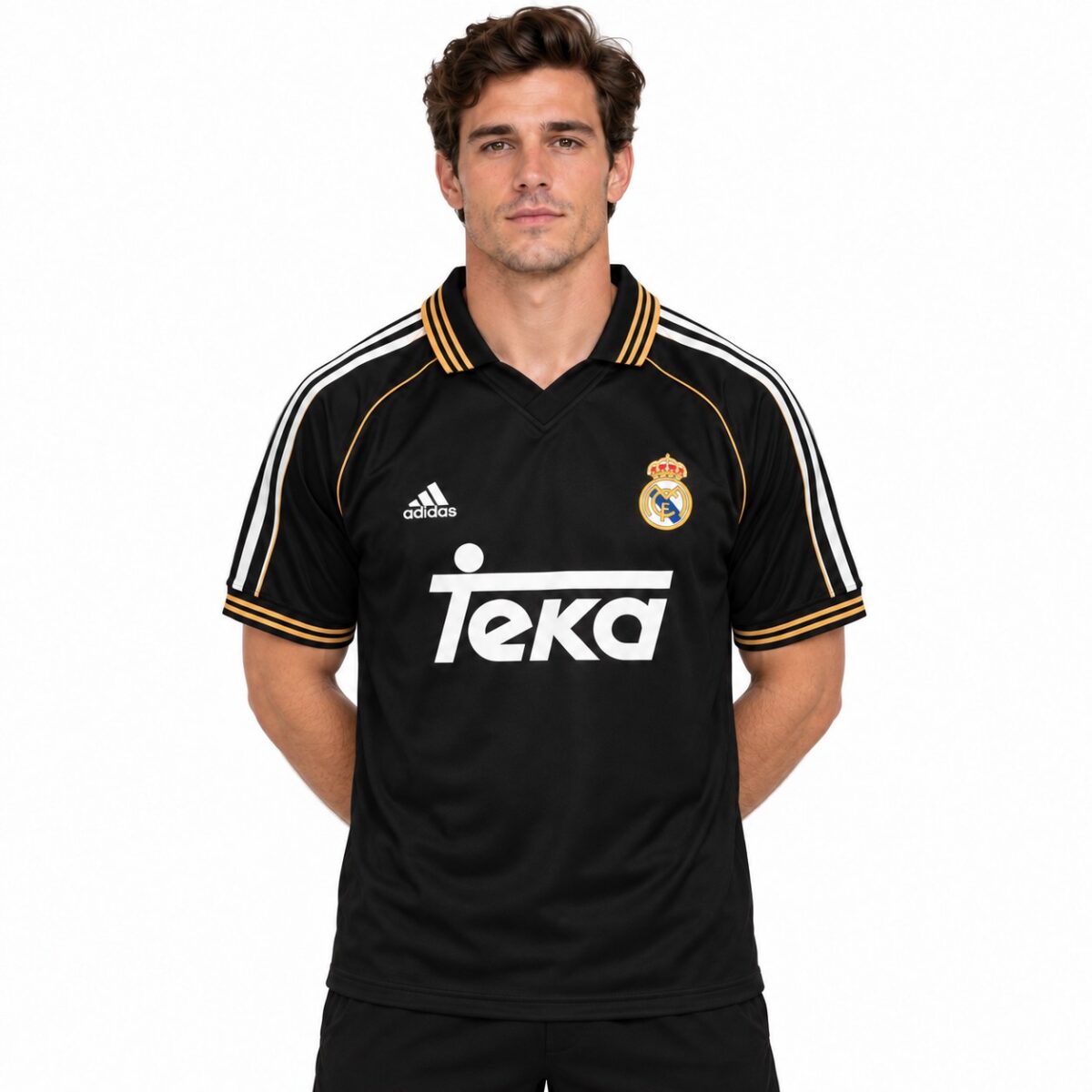Real Madrid black away football jersey with white and gold accents, Adidas logo, and Teka sponsor.