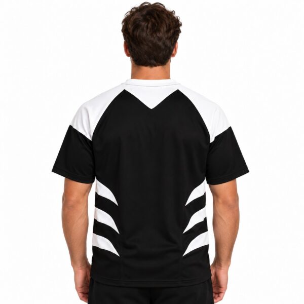 Black and white sports jersey with geometric design, back view.