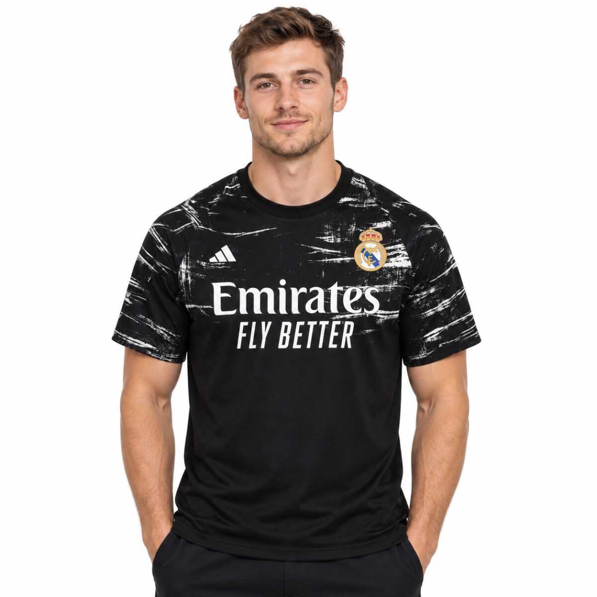 Real Madrid away kit jersey with black and white design and club crest.
