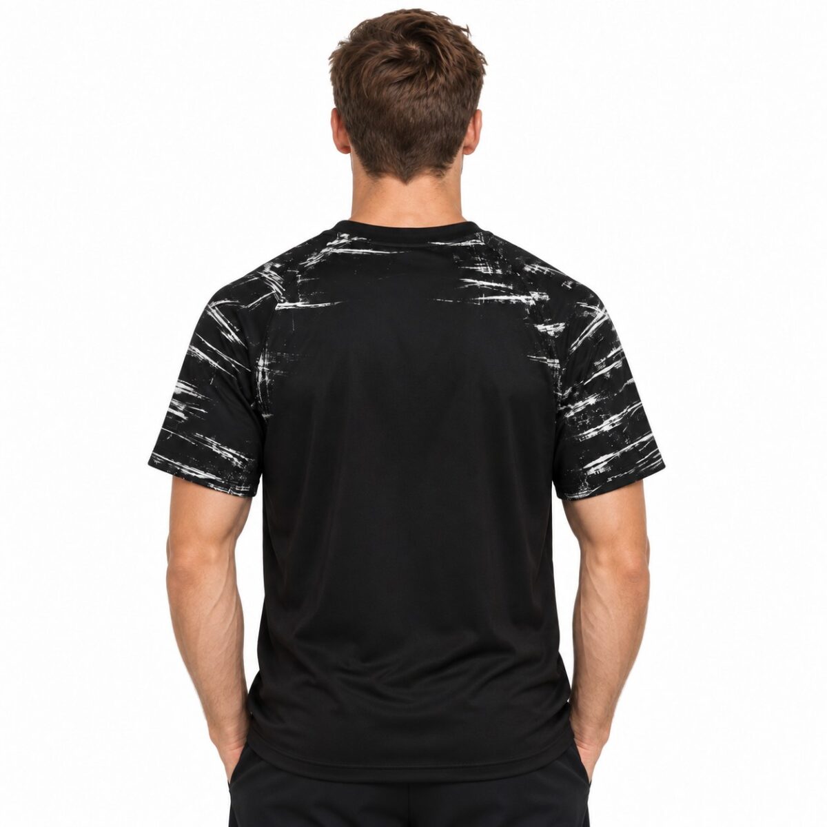 Black sports jersey with white streaks on shoulders and sleeves, back view.