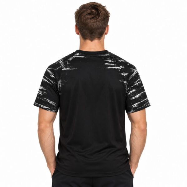 Black sports jersey with white streaks on shoulders and sleeves, back view.