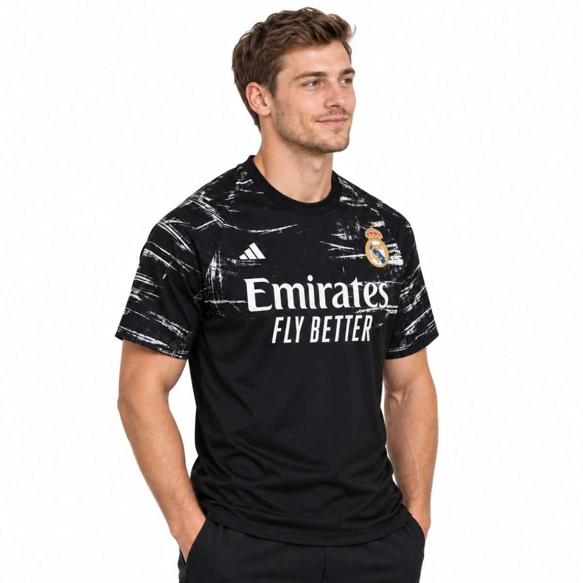 Real Madrid away kit 2023 black and white jersey with club crest and Adidas logo.