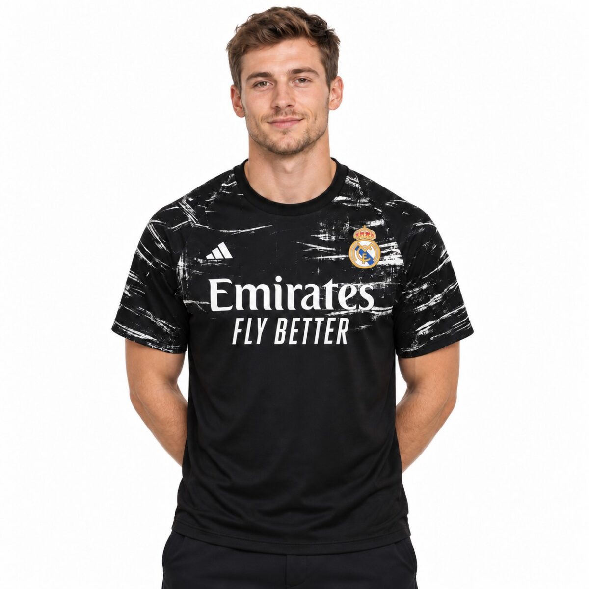 Real Madrid away kit 2023 black jersey with white sponsor logo.