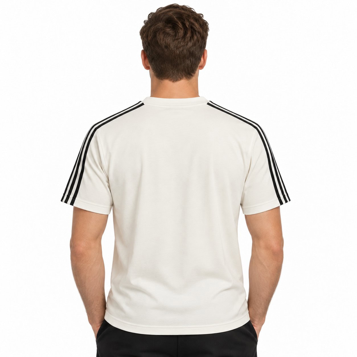 rm-white-special-edition-2 - UAE SPORT STORE White football jersey with black stripes on shoulders, back view.