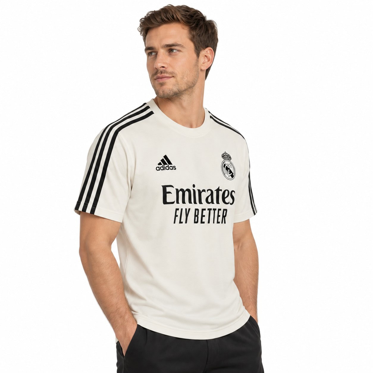 rm-white-special-edition-3 - UAE SPORT STORE Real Madrid away football jersey with black and white design and sponsor logo.