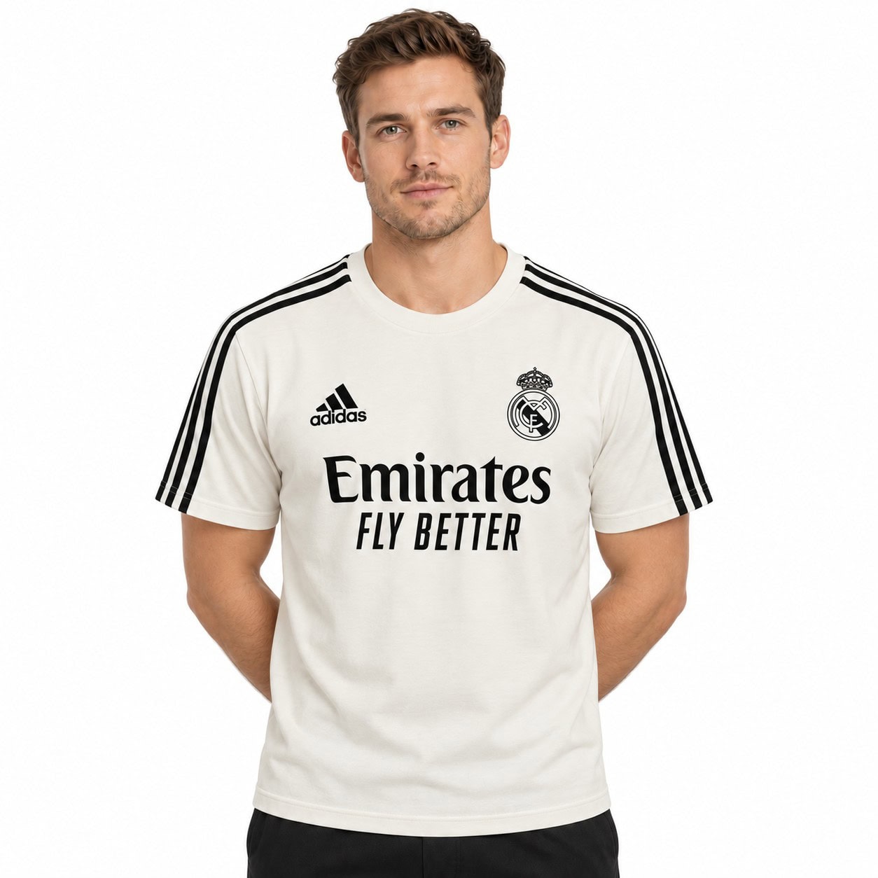 rm-white-special-edition-6 - UAE SPORT STORE Real Madrid home jersey with white color, black Adidas stripes, and club logo.