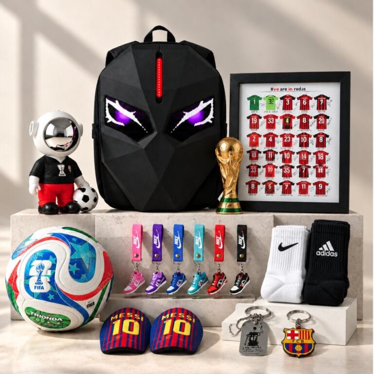 Shop Category Accessories - UAE SPORT STORE Football accessories – LED backpack, World Cup trophy, match ball, shin guards, keychains, socks and frames
