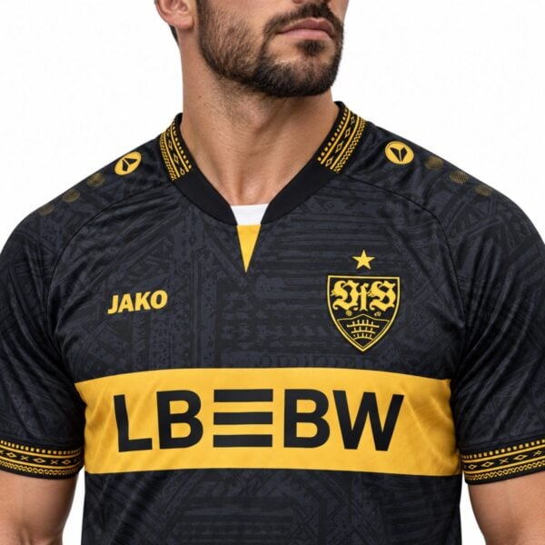 VfB Stuttgart 2026/27 goalkeeper jersey close up of gold crest and collar trim