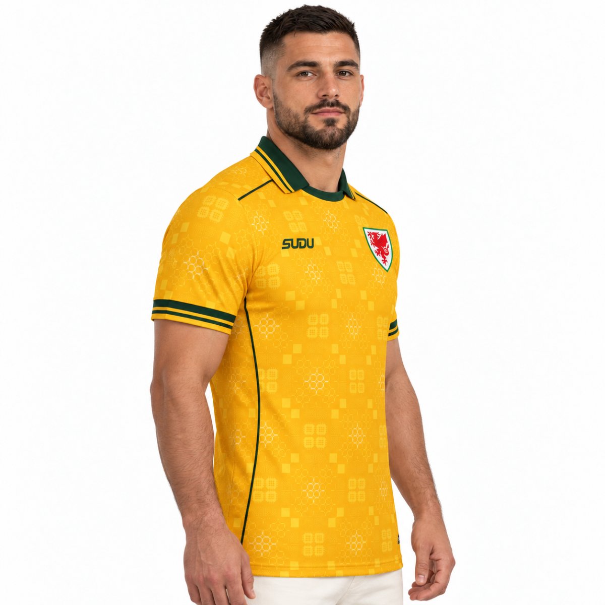 Wales away jersey side view showing green side piping and green cuff bands - UAE SPORT STORE Wales away jersey side view showing green side piping and green cuff bands